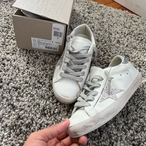 Golden goose Super-Star embellished distressed suede-trimmed leather sneakers